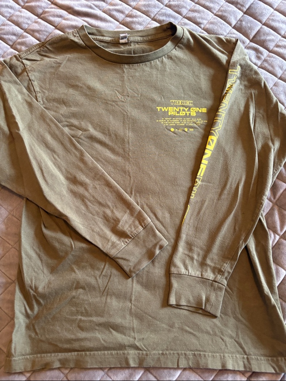 Twenty One Pilots Olive Green Long Sleeve Band Tee with Yellow Print. Medium
